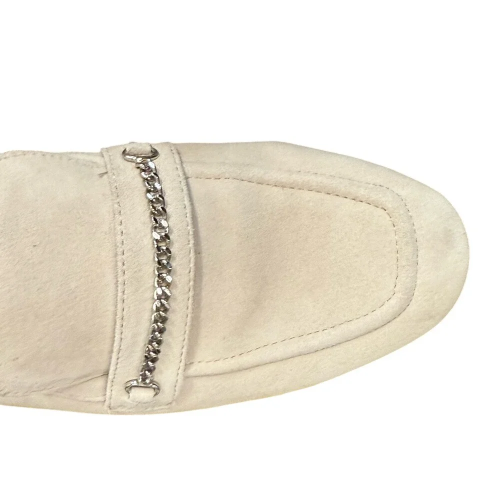Franco Sarto Womens Beige Suede Chain Link Loafers Size 7.5M Flat Shoes Slip On